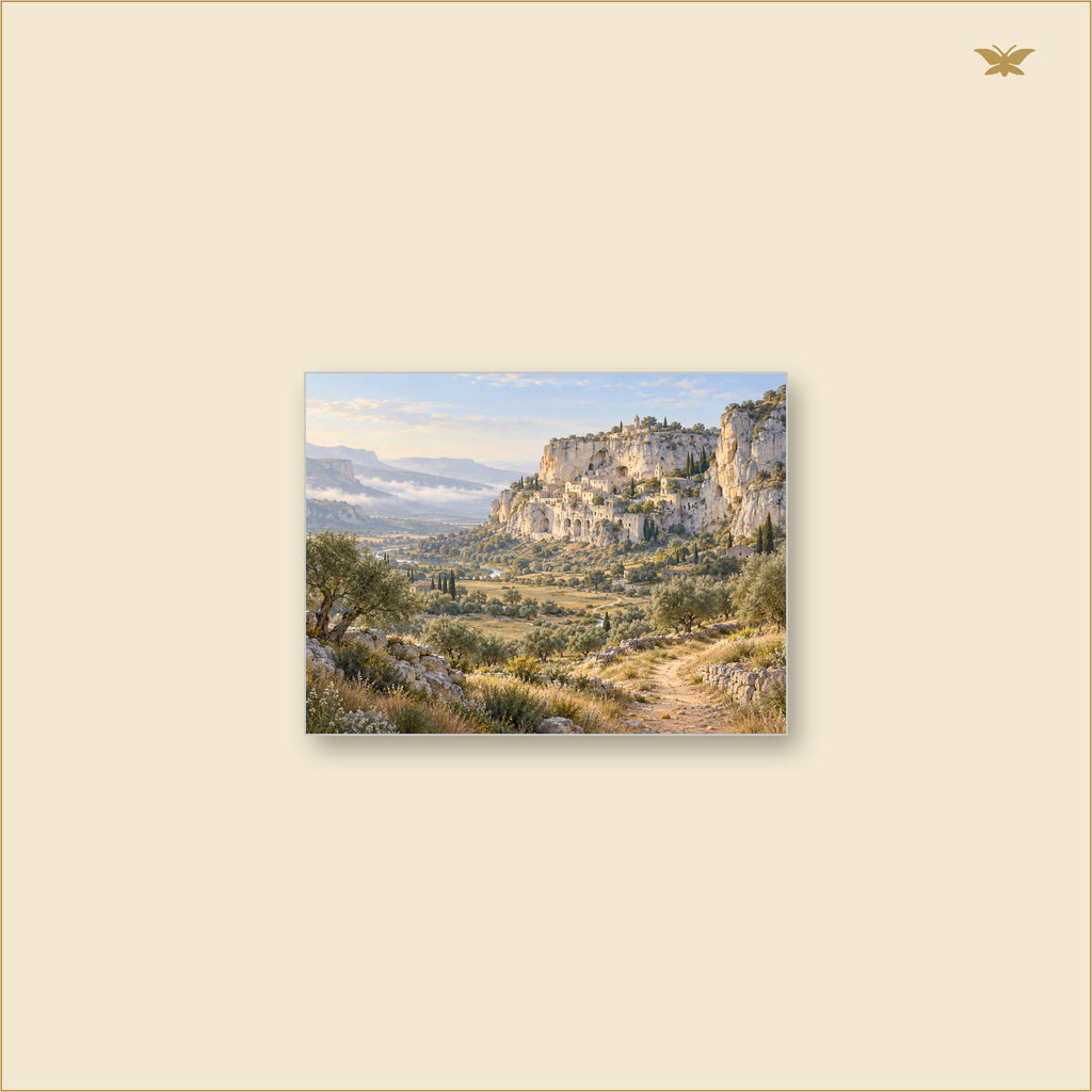 The Village Carved into Morning — tableau aluminium, mockup petit format