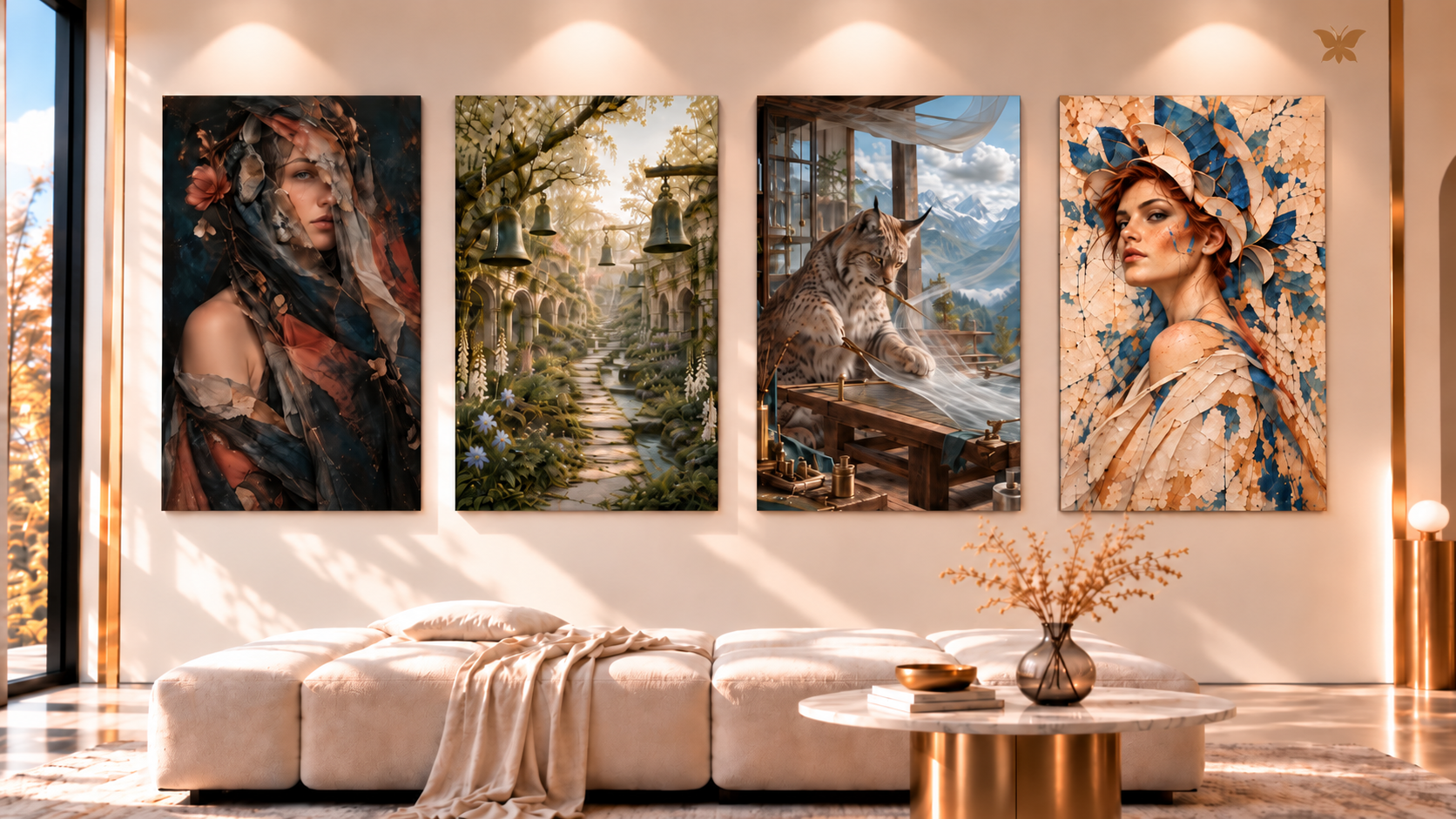 Quatre œuvres de Nivellume Studio dans un intérieur éditorial