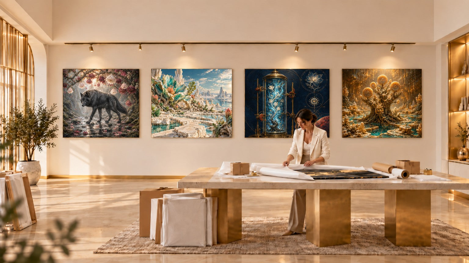 Atelier Nivellume Studio présentant quatre œuvres sur Dibond
